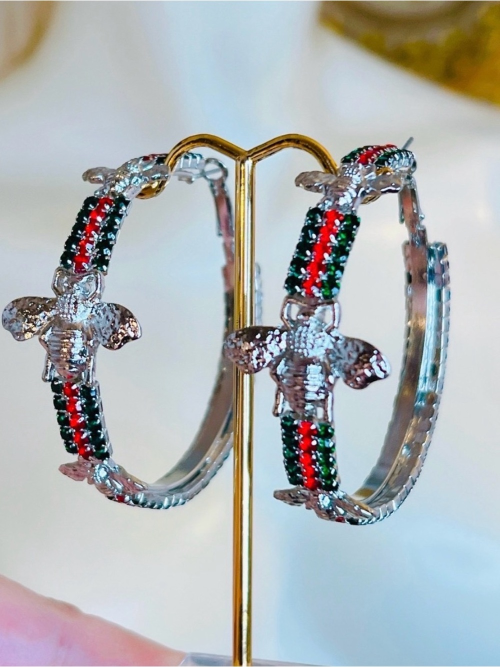 Silver Hoop Bee Earrings with Red & Green Accents
